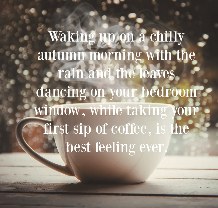 Fall Quote Waking up on a chilly autumn morning with the rain and the leaves dancing on your bedroom window, while taking your first sip of coffee, is the best feeling ever.