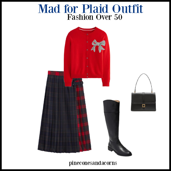 Fashion Over 50 Boden plaid Skirt and Red Sweater, black bag and boots and a silver bow brooch. 
