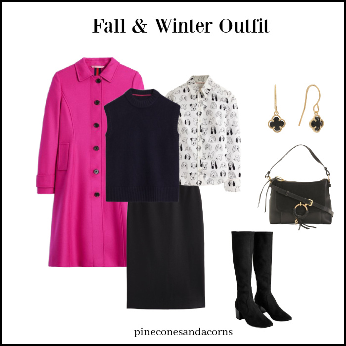 Fashion over 50 Fall and Winter Outfit black skirt, white and black shirt, black vest, fuchsia wool long coat, black bag and boots and black and gold earrings. 