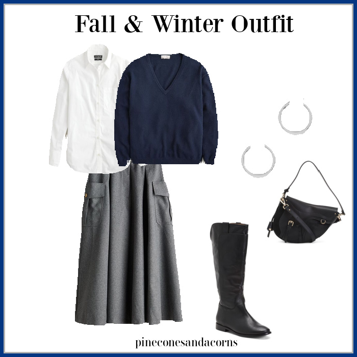 Fashion over 50 fall outfit with gray skirt and blue j crew cashmere sweater.
