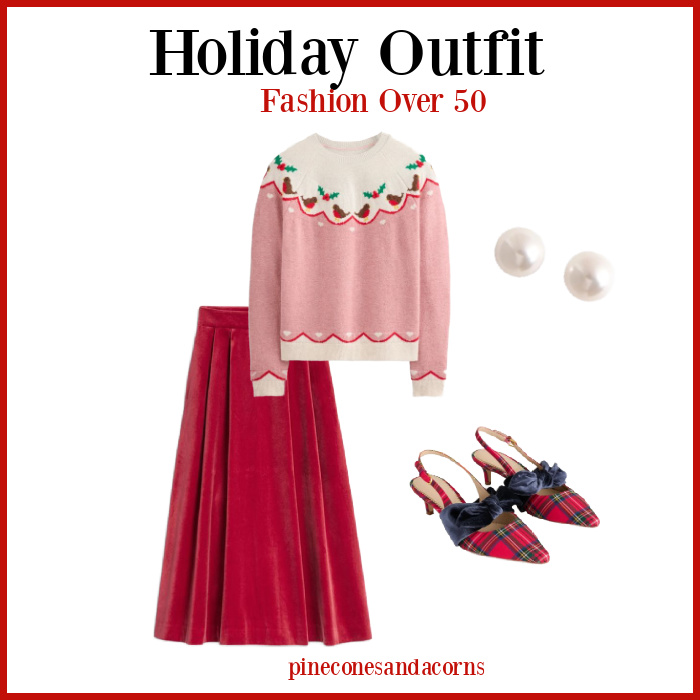Holiday Christmas Outfit Fashion over 50, red shirt, fair isle sweater, plaid shoes and pearl earrings. 