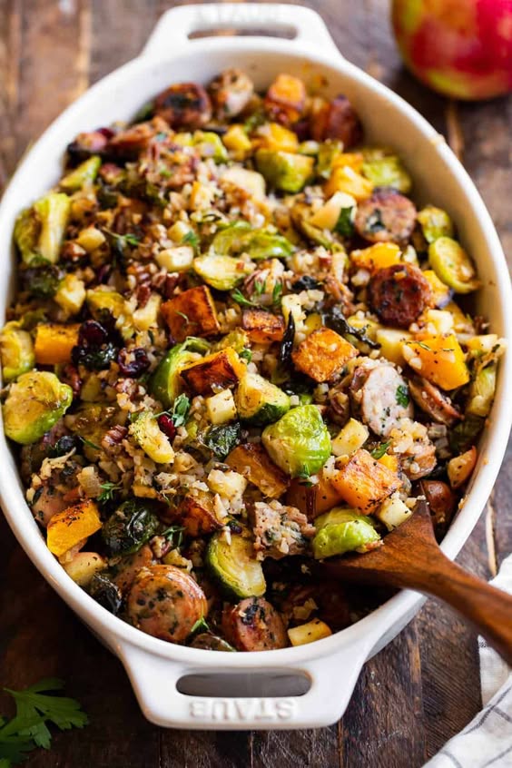 Harvest Casserole with sausage, rice, squash and Brussel sprouts. 