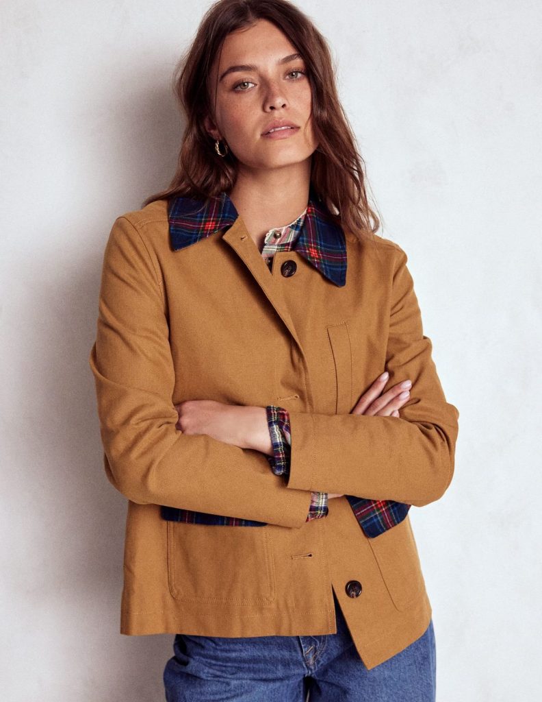 Brown Boden bark jacket with plaid collar. 