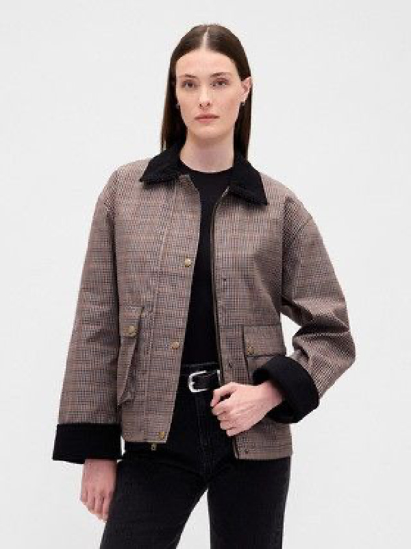 plaid barn jacket with brown corduroy lapel. 