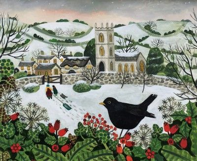 Vanessa Bowman painting of a black bird sitting in flowers overlooks an English village. 