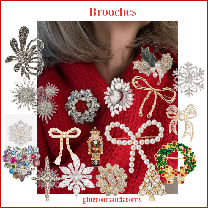 Brooches on a red scarf collage.