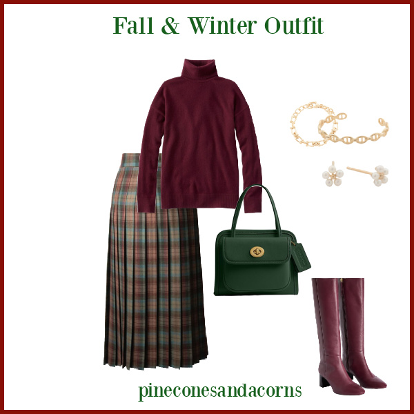 Fashion Over 50 Fall and Winter Outfit with plaid skirt, green bag, burgundy boots and sweater.