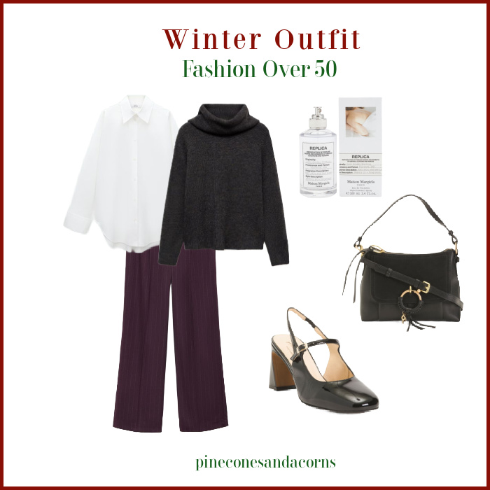 Winter outfit with burgundy pant and white shirt.