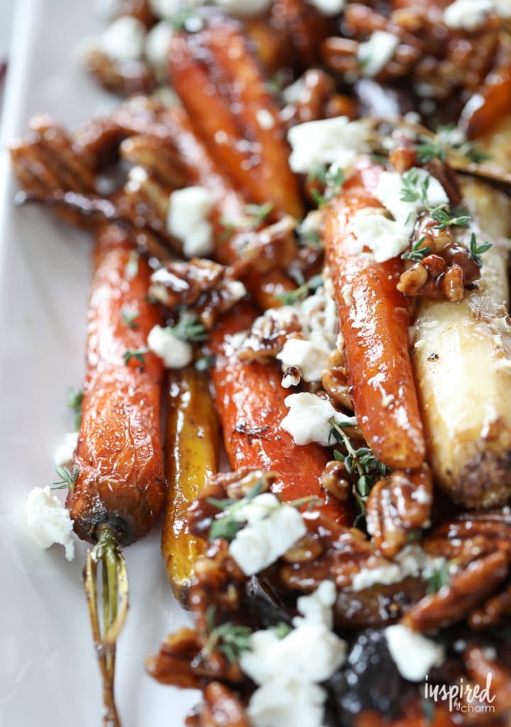 Roasted carrots with candied pecans and goat cheese. 