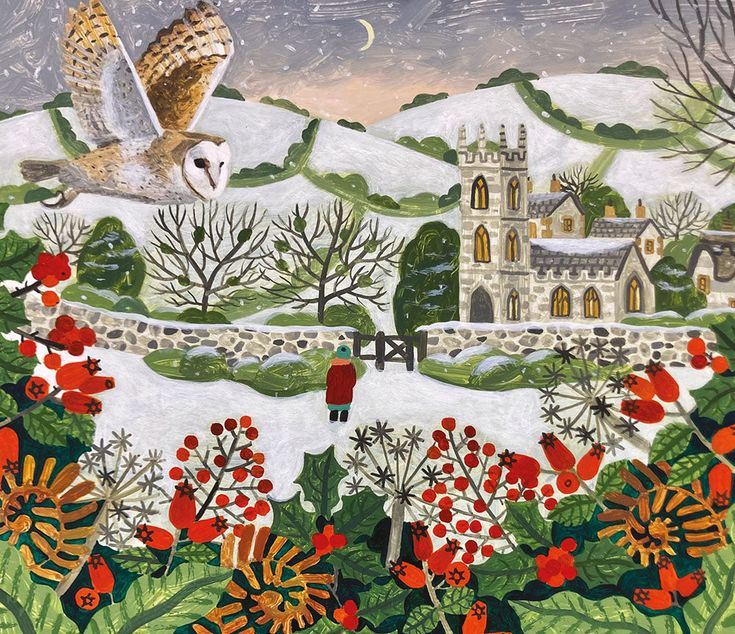 Vanessa Bowman painting of an owl overlooking an English village. 