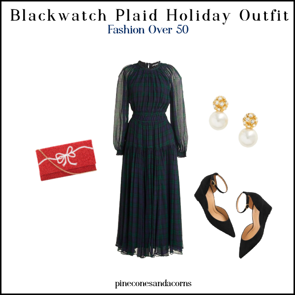 Blackwatch plaid dress with pearl earrings and a red present purse.