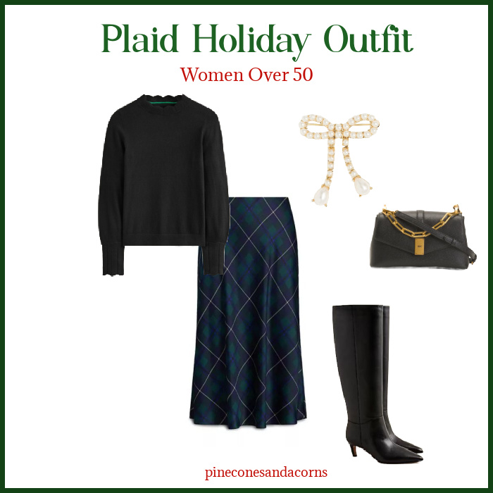 Blue plaid skirt black sweater and black boots Fashion over 50.