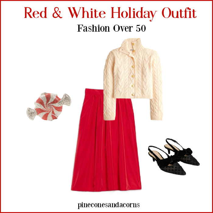 Red and white holiday outfit fashion over 50 with red skier, white sweater, black shoes and red and white candy bag. 
