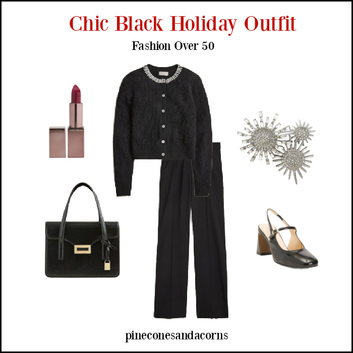 chic black holiday outfit with embellished sweater and rhinestone brooches fashion over 50.