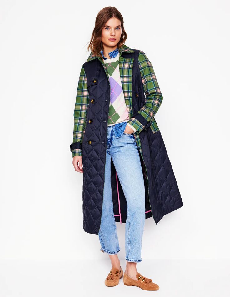 Green plaid and blue trench. 