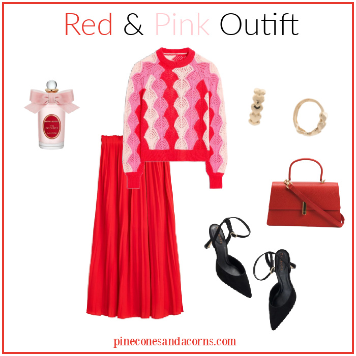Fashion over 50 Red and pink Valentine outfit with red skirt, pink and red sweater, black sling back sandals, red purse, gold earrings with hearts and a bottle of pink and red perfume.