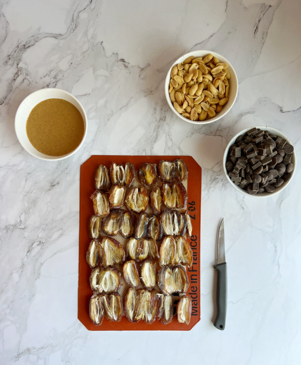 chocolate date bark ingredients including peanuts, dates and chocolate