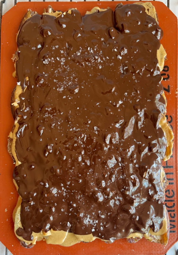 melted chocolate on top of peanut butter date bark