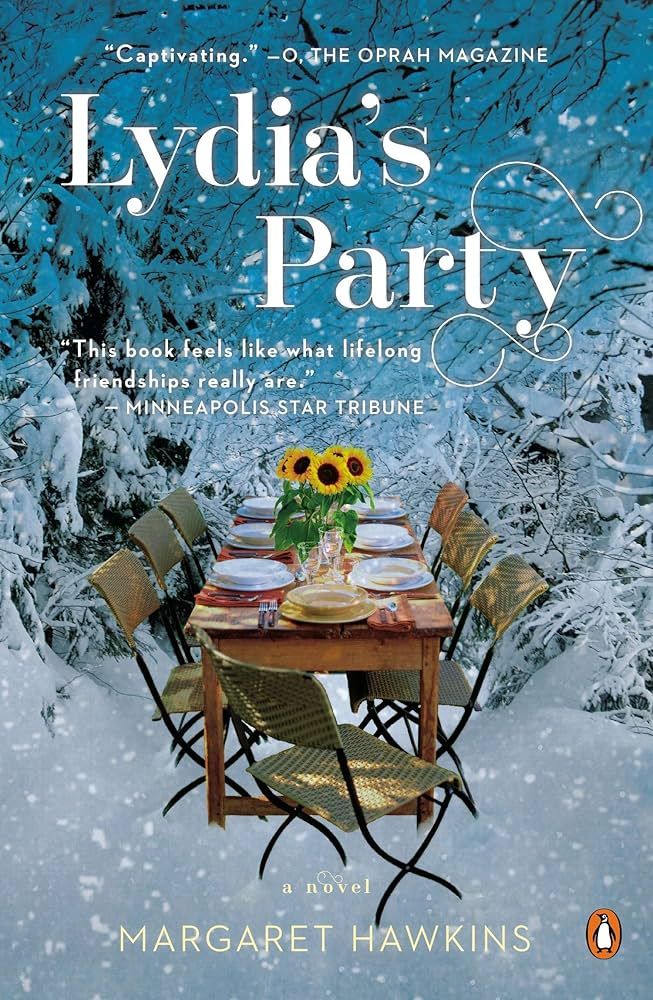 Lydia's Party book cover of a table for 6 with sunflowers sitting in the snow. 