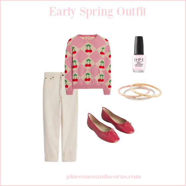 Fashion over 50 early spring outfit with cherry sweater.