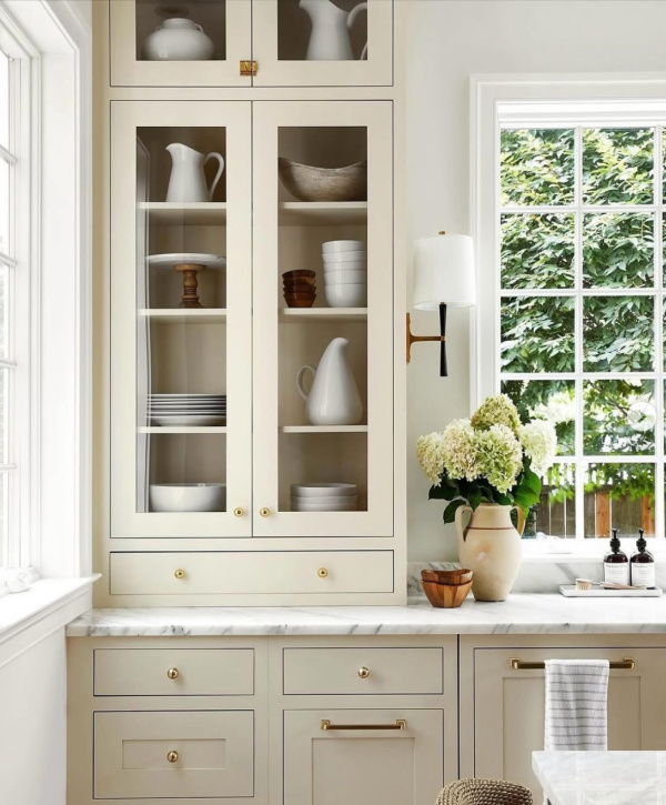 Weeth Home Photographer Keyanna Bowen @eastandlane kitchen with off white cabinets filled with ironstone pottery. 