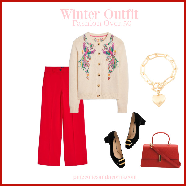 Winter Outfit Fashion over 50. with red pants and peacock sweater