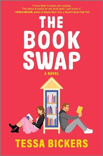 The Book Swap book cover, red with a little library and a man and woman sitting on either side reading a book. 