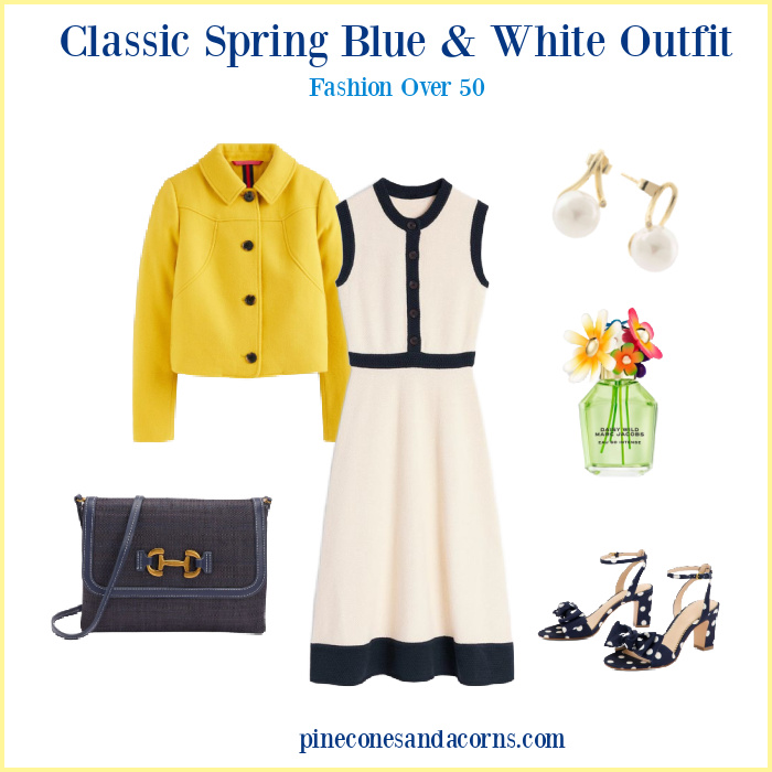 Fashion over 50 Blue and White Dress Outfit with yellow jacket and blue and white dot sandals.