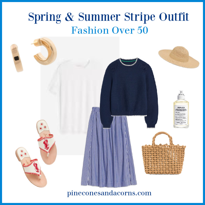 Fashion over 50 blue and white stripe outfit with skirt, white t-shirt, blue sweater, red and white sandals with lobsters, woven tote, hat and gold earrings and bottle of perfume.