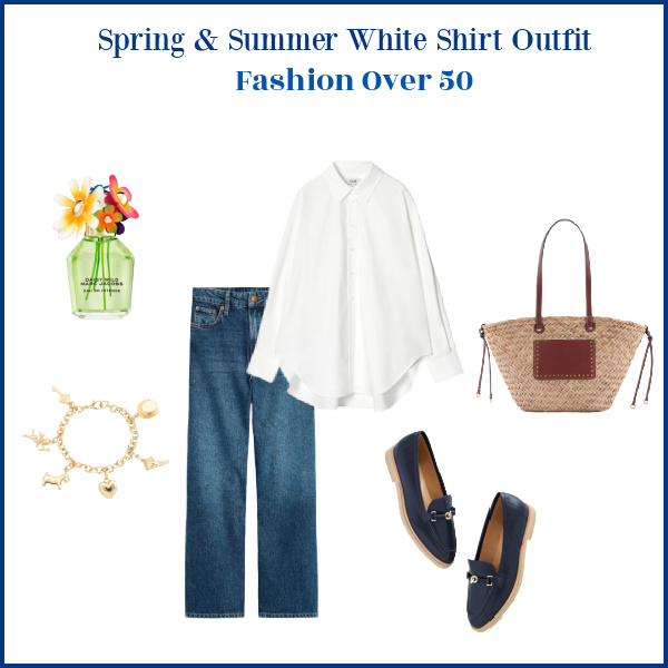 Spring Summer White Shirt Outfit Fashion Over 50 with jeans, blue loafers, a tan leather and wicker basket, charm bracelet and perfume that looks like a bouquet of flowers.