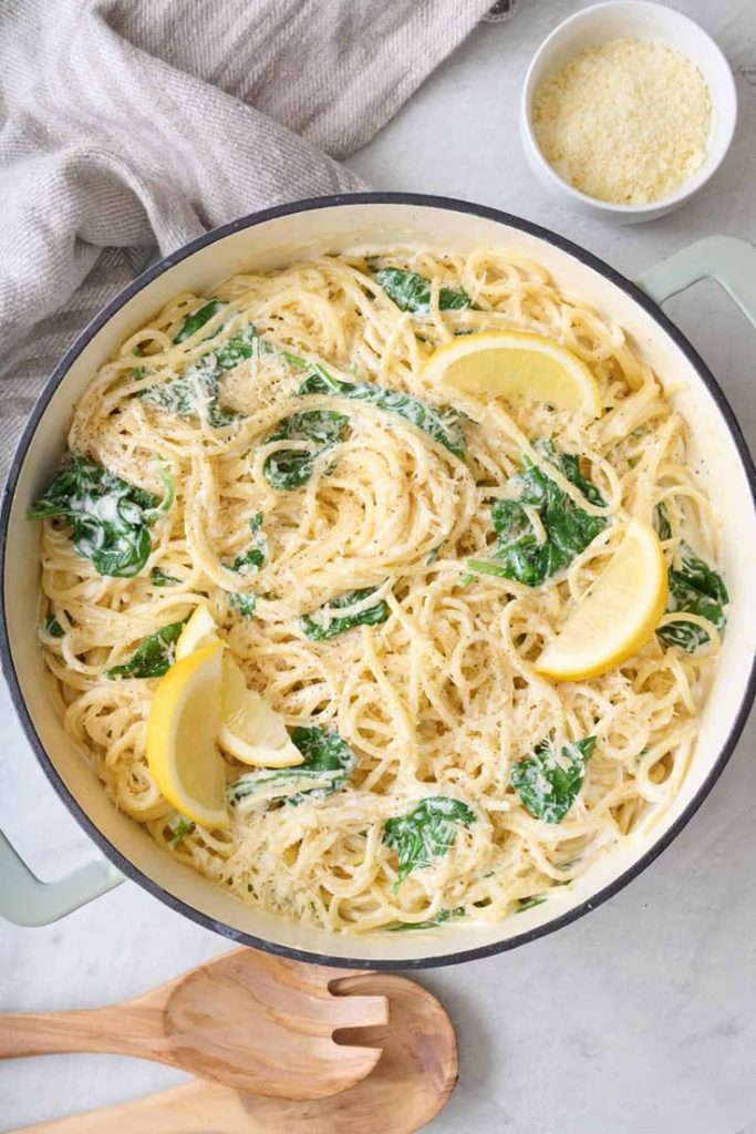Lemon Ricotta Pasta in a white pan.
