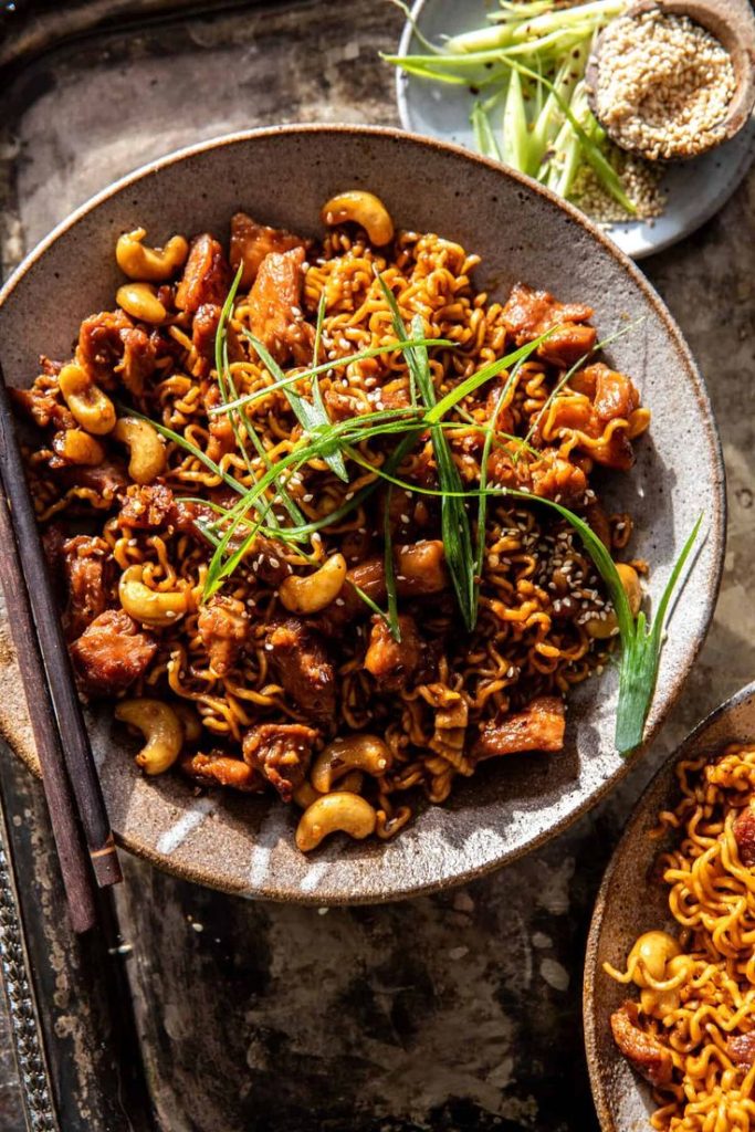 20 Minute Cashew Chicken Noodles in a bowl. 