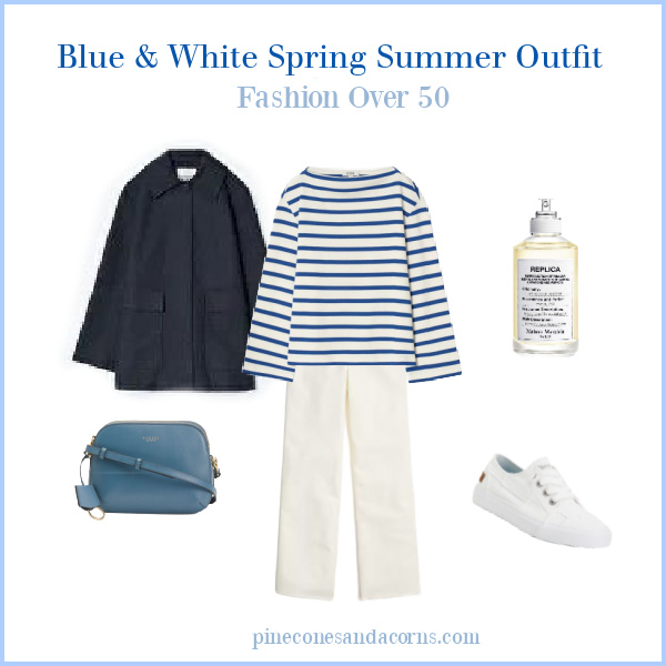 spring summer blue and white strip shirt outfit
