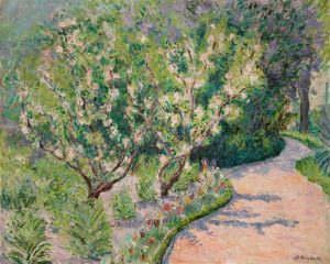 BLANCHE HOSCHEDÉ-MONET | Le jardin de l'artiste (à Giverny) painting of green and pink flowering trees along a gravel path. 