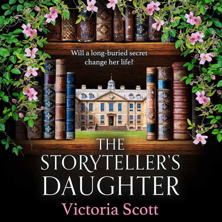 The Storytellers Daughter book cover, with a sack of books entwined with flowers and a country house in the center. 
