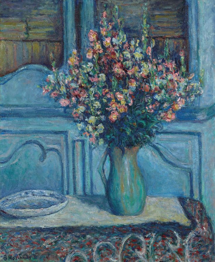 Blanche Hoschedé-Monet (1865-1947) painting of a blue China cabinet with a blue vase of colorful flowers and a blue and white chinoiserie plate next to it. 