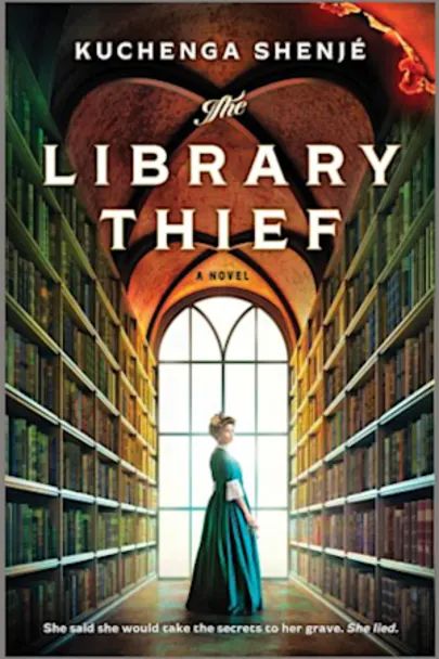 The Library Thief book cover of a woman standing in a room filled with books. 