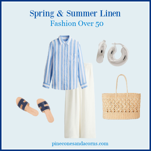 Linen Outfit Fashion over 50 with white pants, blue and white stipe shirt, blue slide sandals, a wicker tote and silver earrings. 