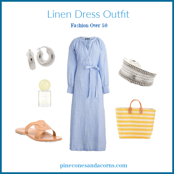 fashion over 50 blue linen dress outfit with a yellow and white stripe bag, silver earrings and a bracelet with slide leather sandals.