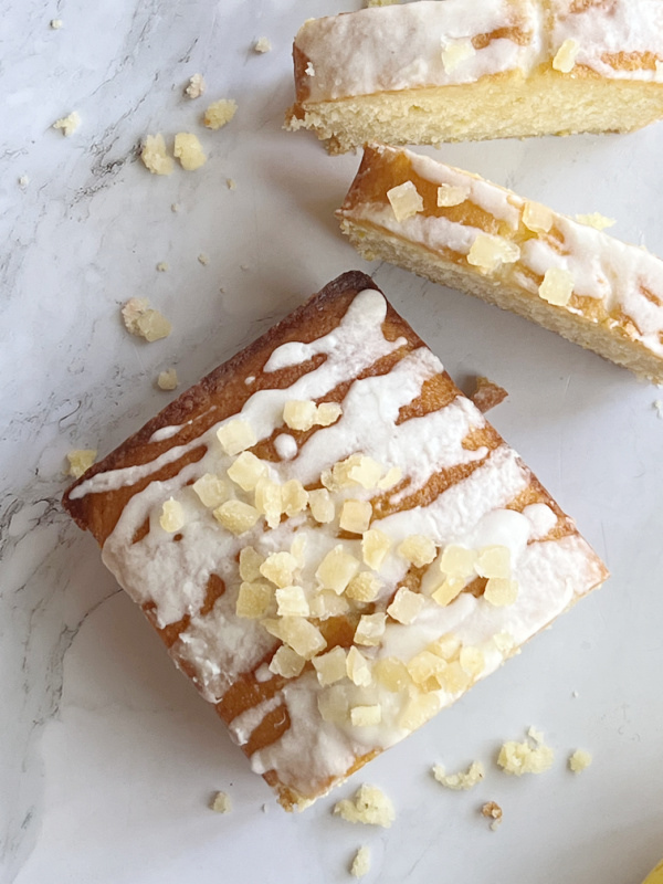 sliced candied lemon load with candied lemon on top.