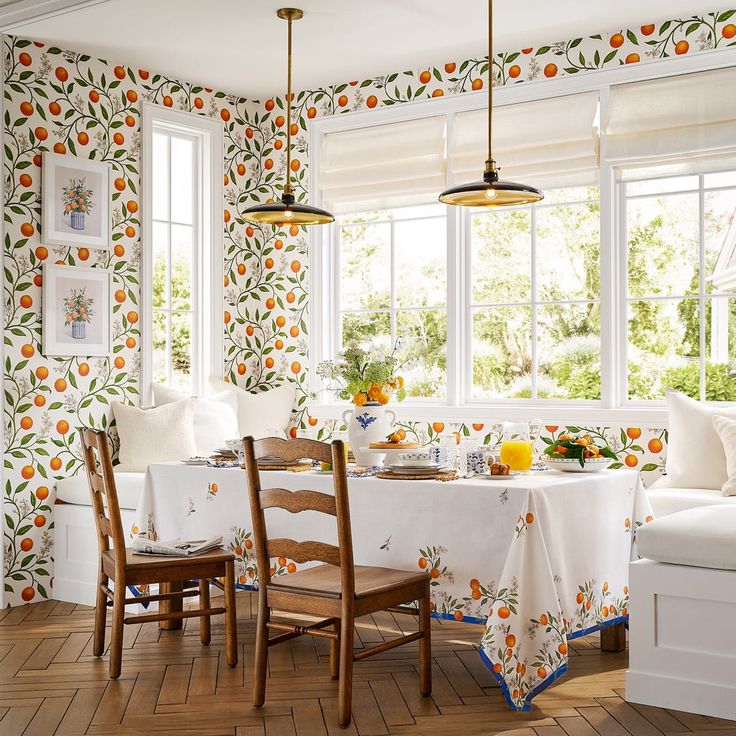 Mark D. Sikes Pottery Barn, citrus and white decor in a dining room. 