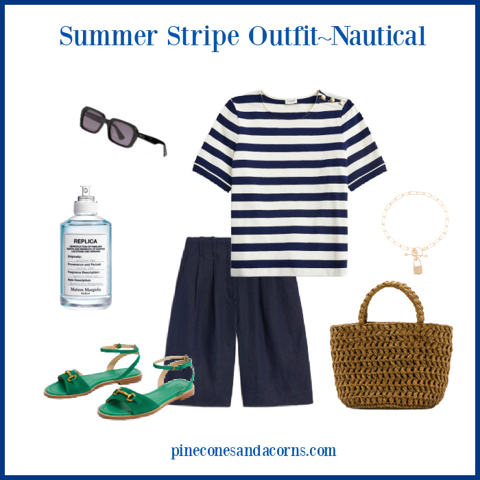Fashion over 50 summer stripe outfit Fisherman Aesthetic, blue and white stripe shirt, blue shorts, green sandals, black sun glasses, perfume, gold bracelet with a lock and wicker bag. 