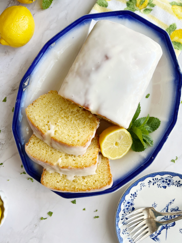 Ina Garten Lemon Yogurt Cake on blue and white plate