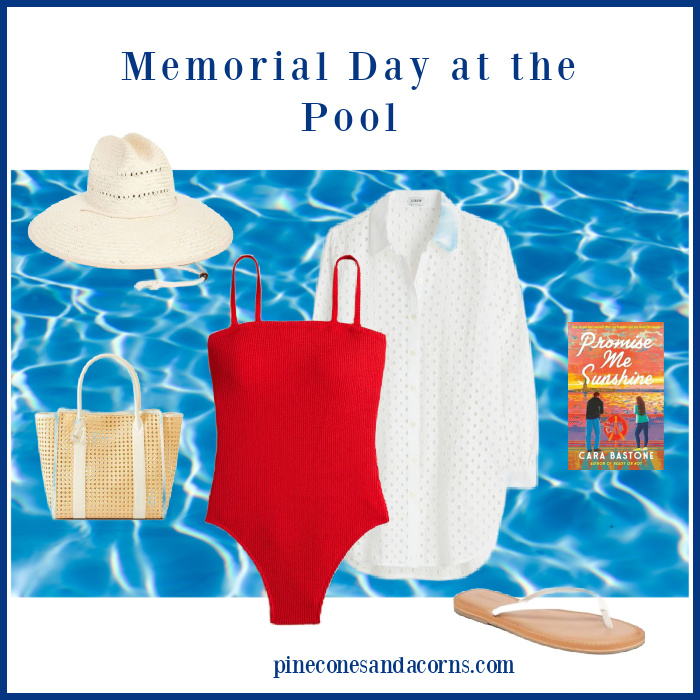 Memorial Day Pool Outfit Fashion Over 50, red swimsuit, white hat, coverup, flip flops, a book and a wicker tote with white leather handles. 