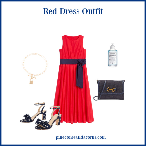 Red Dress Outfit Fashion over 50 with blue and white dot bow sandals, a blue clutch bag, gold lock bracelet and a bottle of perfume. 