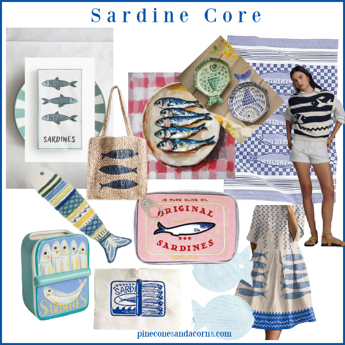 Sardine Core collage of interior design and home decor items with fish or sardines.