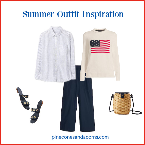 Summer Outfit inspiration Fashion over 50 blue pants, shoes, bag, blue and white stripe shirt and a flag sweater.