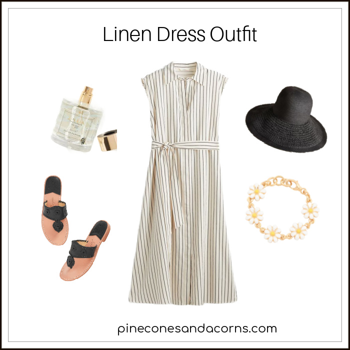 Black and White Linen Dress Outfit with a black hat yellow and white daisy bracelet and black sandals and a bottle of perfume. 