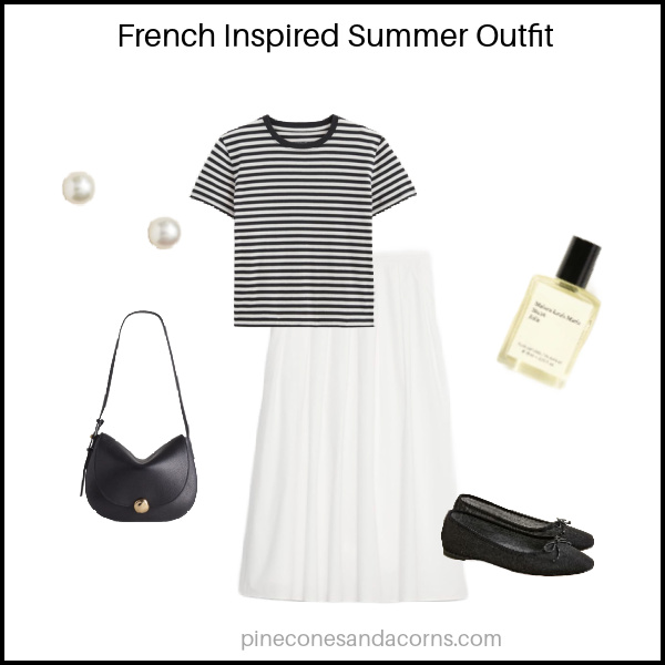 French inspired Summer Outfit Fashion over 50 with a white skirt, black and white stripe shirt, black ballet flats, perfume, pearl earrings and a black cross body bag. 
