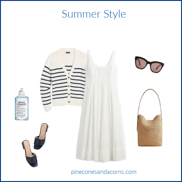 Coastal Grandmother Fashion over 50 Linen Dress Outfit with a white linen dress, a blue and white sweater and a pair of blue sandals. 